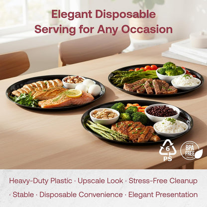 Smarty Had A Party 12 Inch Black Round Plastic Serving Tray – Heavy-Duty Party Platters & Catering Trays, Reusable or Disposable Plastic Trays for Serving Food, Elegant Party Tray Set of 25