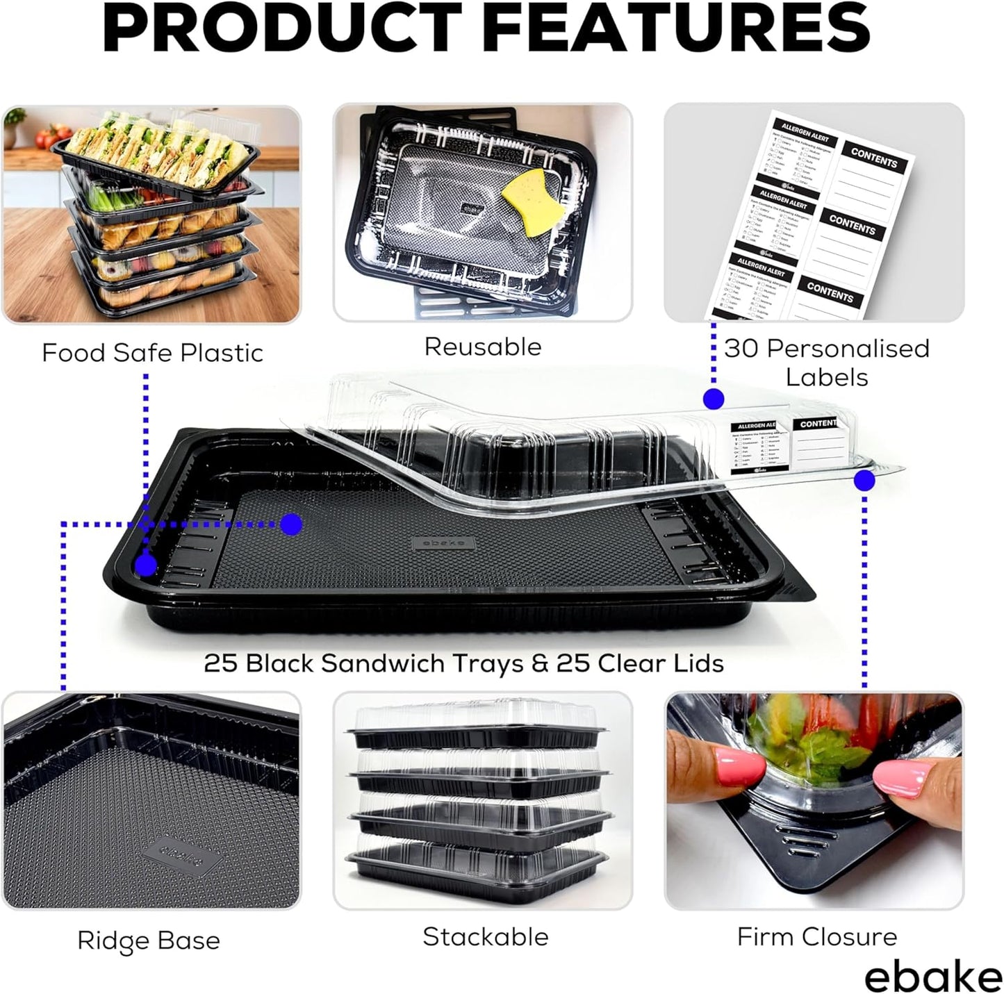 6 Pack Catering Trays with Lids – 13" Serving Tray with Lid, Heavy Duty Recyclable Plastic Party Platters for Catering, Buffet, Picnics & Events – Food Trays with Clear Lid (13.39 × 9.84 × 2.95 inch)
