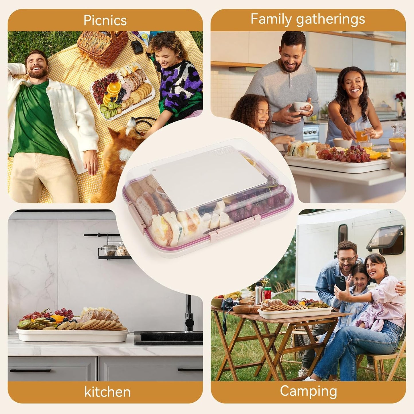 Food Storage Container with Cutting Board Lid, Snack Tray with Ice Pack Compartment & Removable Divider (Cream)