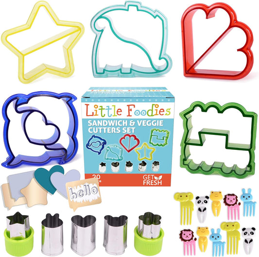 Sandwich Cutters for Kids, 20-Piece Set, 5 Kid Sandwich Cutters Shapes, 5 Vegetable Cutters Shapes, 10 Bento Deco