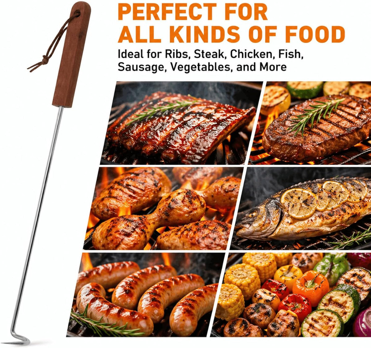 YOUEON 4 Pack 17 Inch Pigtail Food Flipper with Wooden Handle, Stainless Steel Meat Hook Turner Grill Tools, BBQ Turner for BBQ Ribs, Steak, Fish, Chicken, Sausage, Vegetables