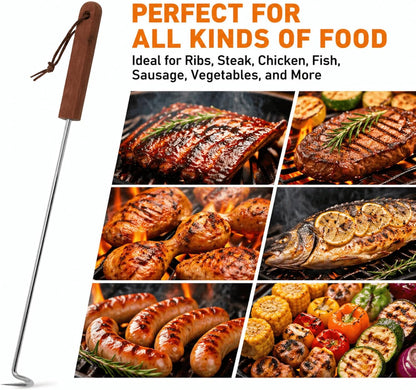 YOUEON 4 Pack 17 Inch Pigtail Food Flipper with Wooden Handle, Stainless Steel Meat Hook Turner Grill Tools, BBQ Turner for BBQ Ribs, Steak, Fish, Chicken, Sausage, Vegetables