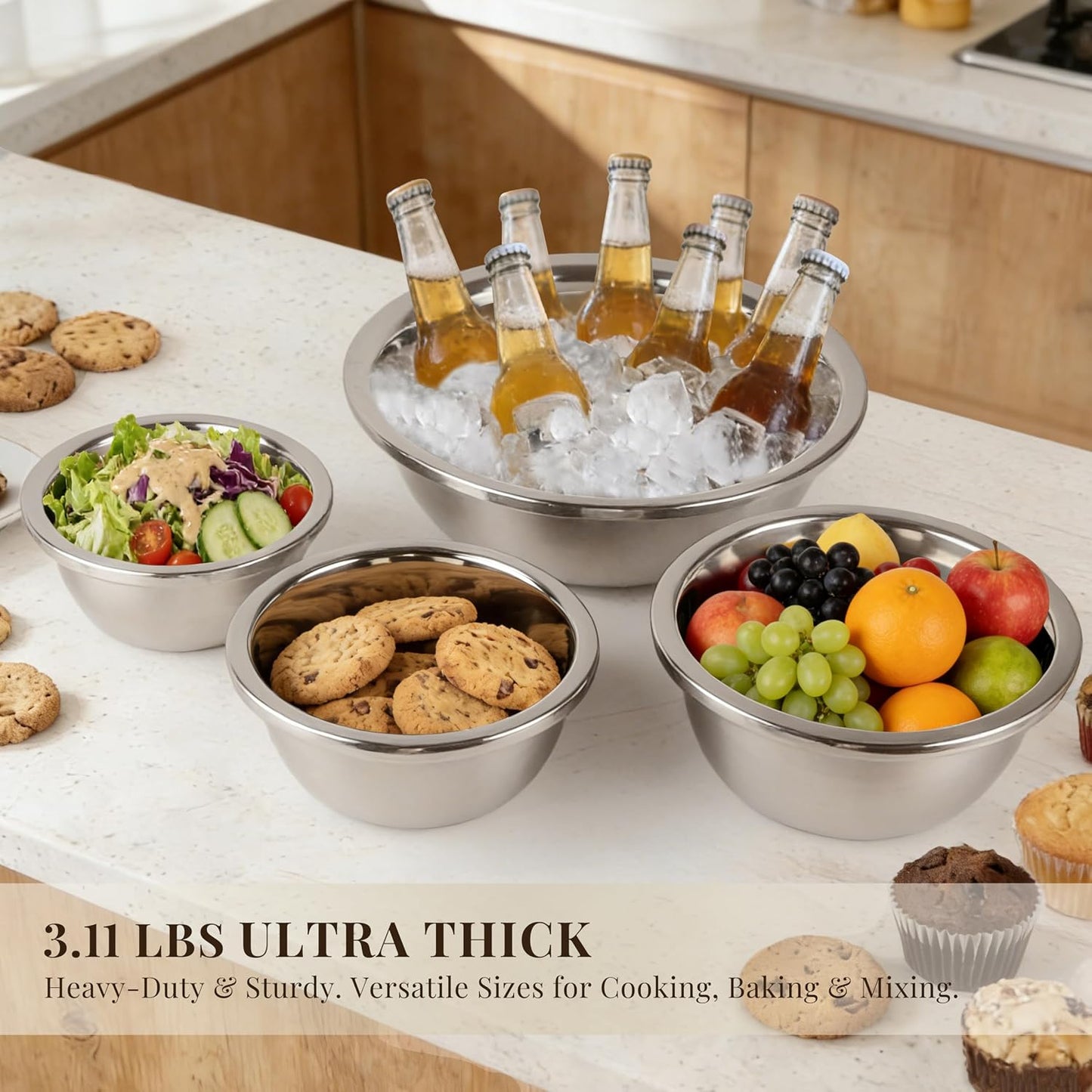 Mixing Bowls Set of 3 Stainless Steel, 7.9″ 10.2″ 14.2″ Metal Bowls for Baking Dough Salad Kitchen