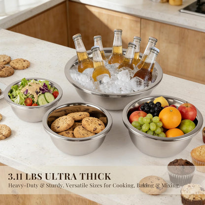 Mixing Bowls Set of 3 Stainless Steel, 7.9″ 10.2″ 14.2″ Metal Bowls for Baking Dough Salad Kitchen