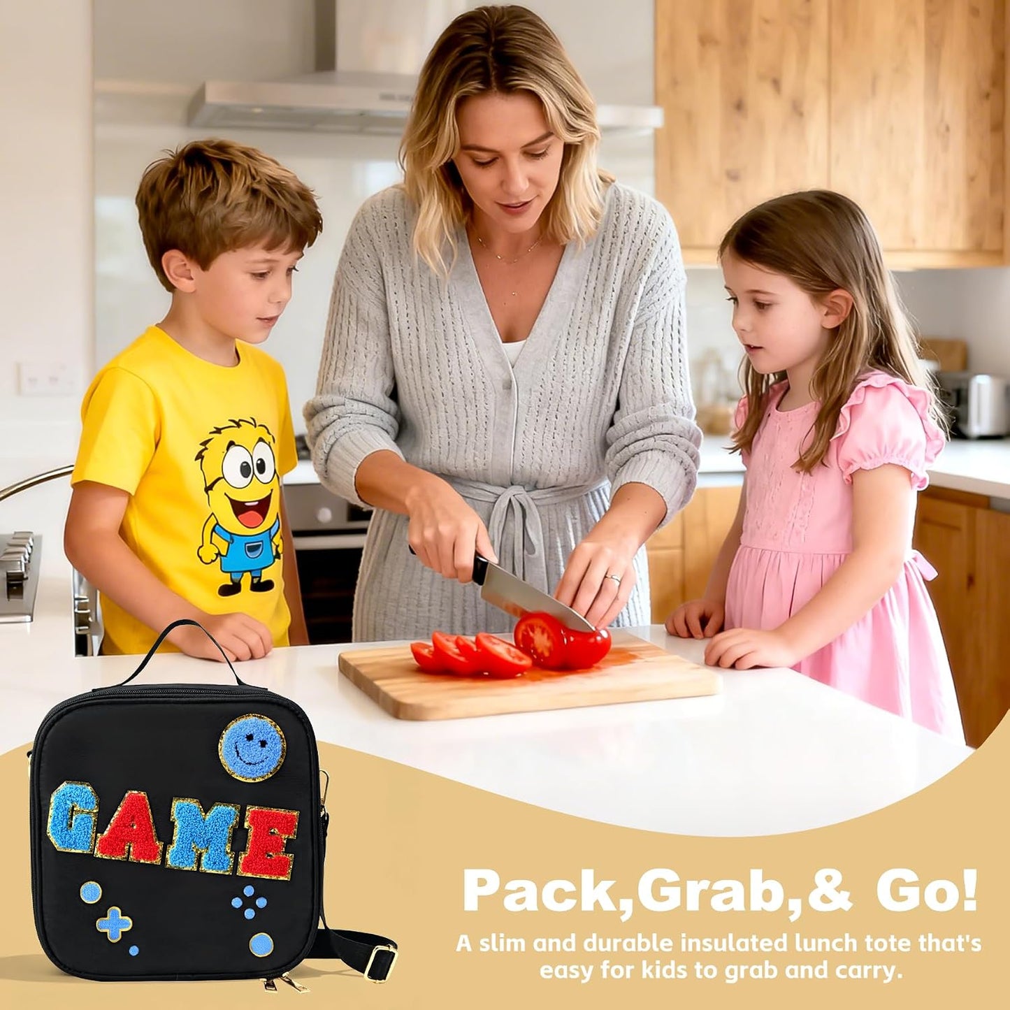 Kids Lunch Box for Kids Insulated Reusable Lunch Bag Tote Durable Children Leak-proof Lunchbox with Adjustable Shoulder Strap for School Daycare Travel Picnic (Navy - 3D Dinosaur)