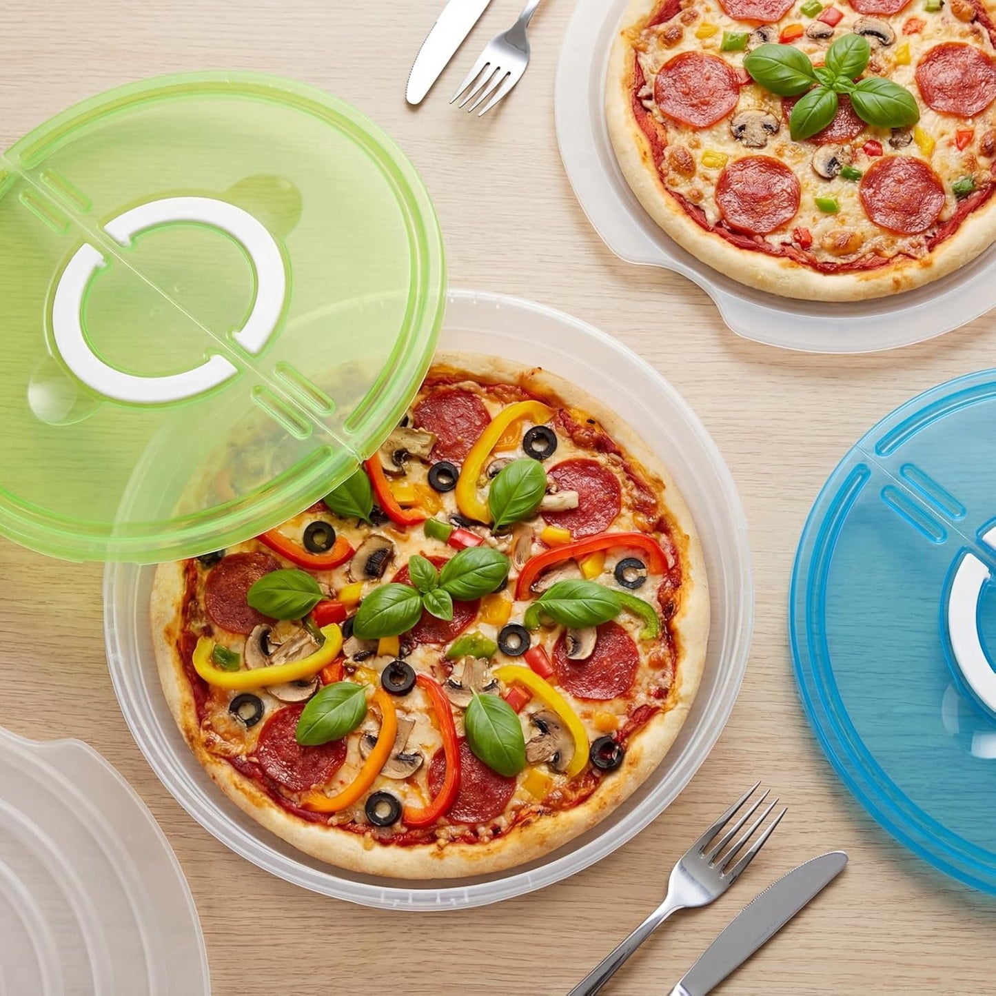 LemonRoad 2 Pie Carrier with Lid and Handle 12 Inch Round Plastic Food Storage Container Reusable 2 Compartments Pizza Keeper for Food Cake Cheesecake Muffin Cookie Tortilla (Green,Blue)
