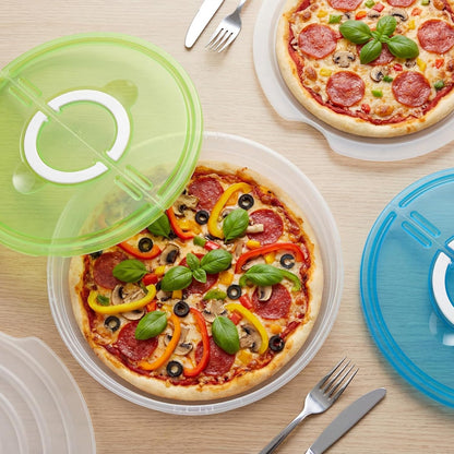 LemonRoad 2 Pie Carrier with Lid and Handle 12 Inch Round Plastic Food Storage Container Reusable 2 Compartments Pizza Keeper for Food Cake Cheesecake Muffin Cookie Tortilla (Green,Blue)