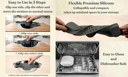 Clip On Strainer Silicone for Pots and Pans, Universal Fit Pasta Strainer and Pot Colander, Space Saving Food Drainer with Collapsible Funnel and Garlic Peeler, 3 Pcs Set, Gray