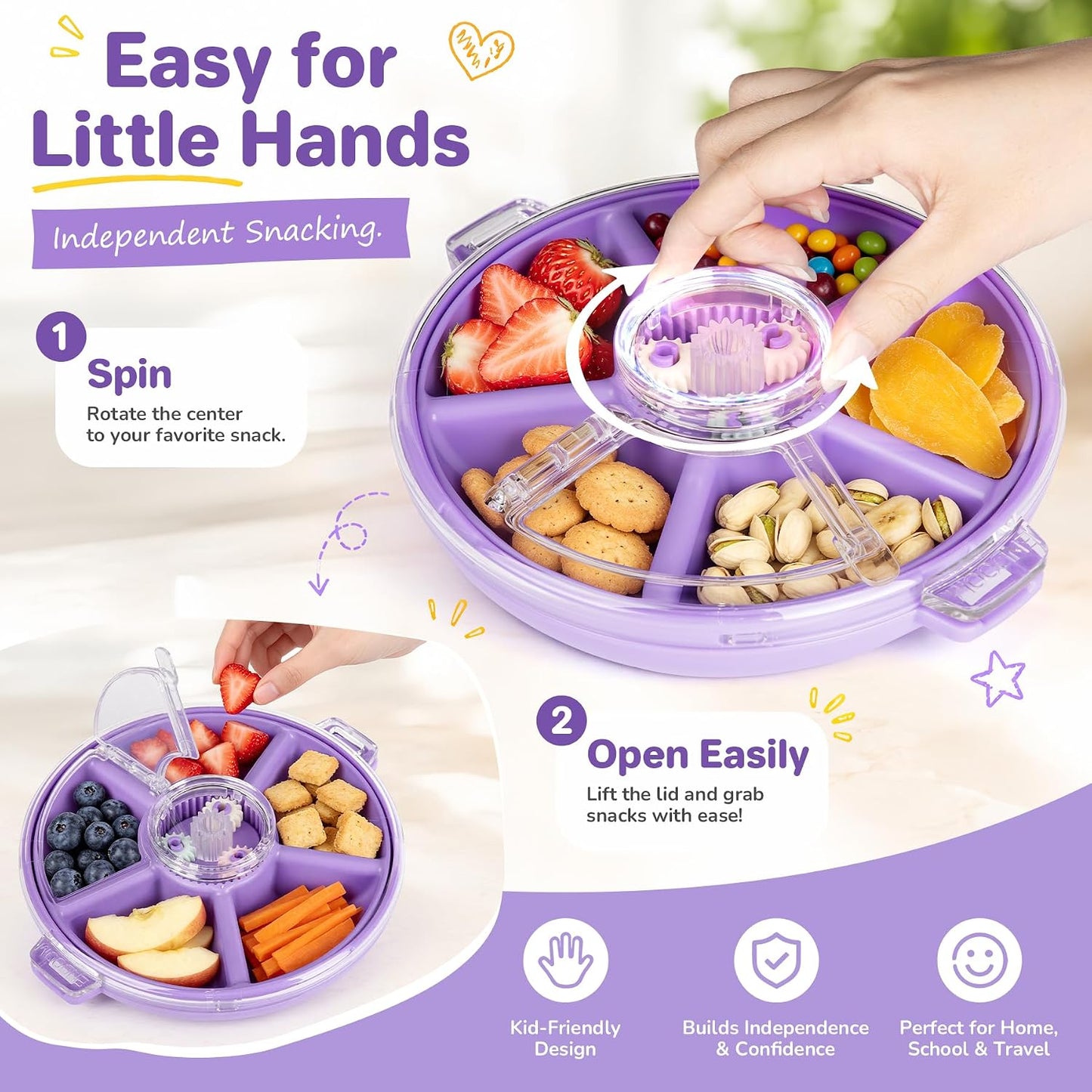 Kids Divided Snack Box with Hand Strap, Reusable 5-Compartment Kids Snack Container, BPA-Free Portable Candy & Nut Serving Platter for Travel, Parties, Picnics(Grey)