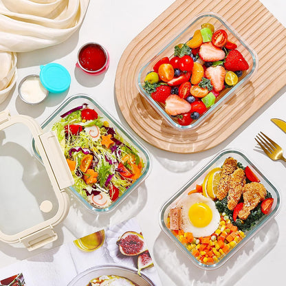 Glass Food Storage Containers with Glass Lids, Stainless Steel Salad Dressing Containers, Microwave-safe LeakProof Food Containers Set, 5-pack 35 oz（White）