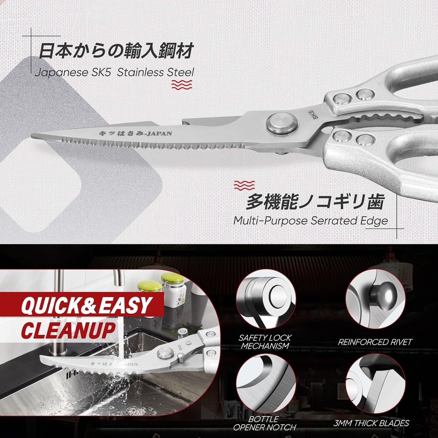 TIVOLI Kitchen Scissors Set Silver,Japanese Stainless Steel Kitchen Shears for Food, Heavy Duty Poultry Shears, Food Scissors for Meat,Chicken Bones and Turkey,Ideal Gift