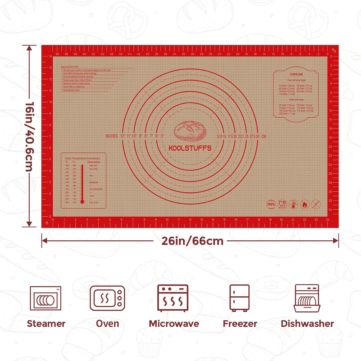 Koolstuffs Silicone Pastry Mat, 26" x 16", Non Slip for Rolling Dough