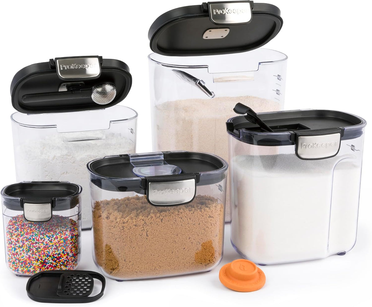 ProKeeper+ Airtight Food Storage Container Set – Clear Plastic Flour and Sugar Canister Set with Magnetic Accessories for Kitchen Organization (Grey, 9-Piece)