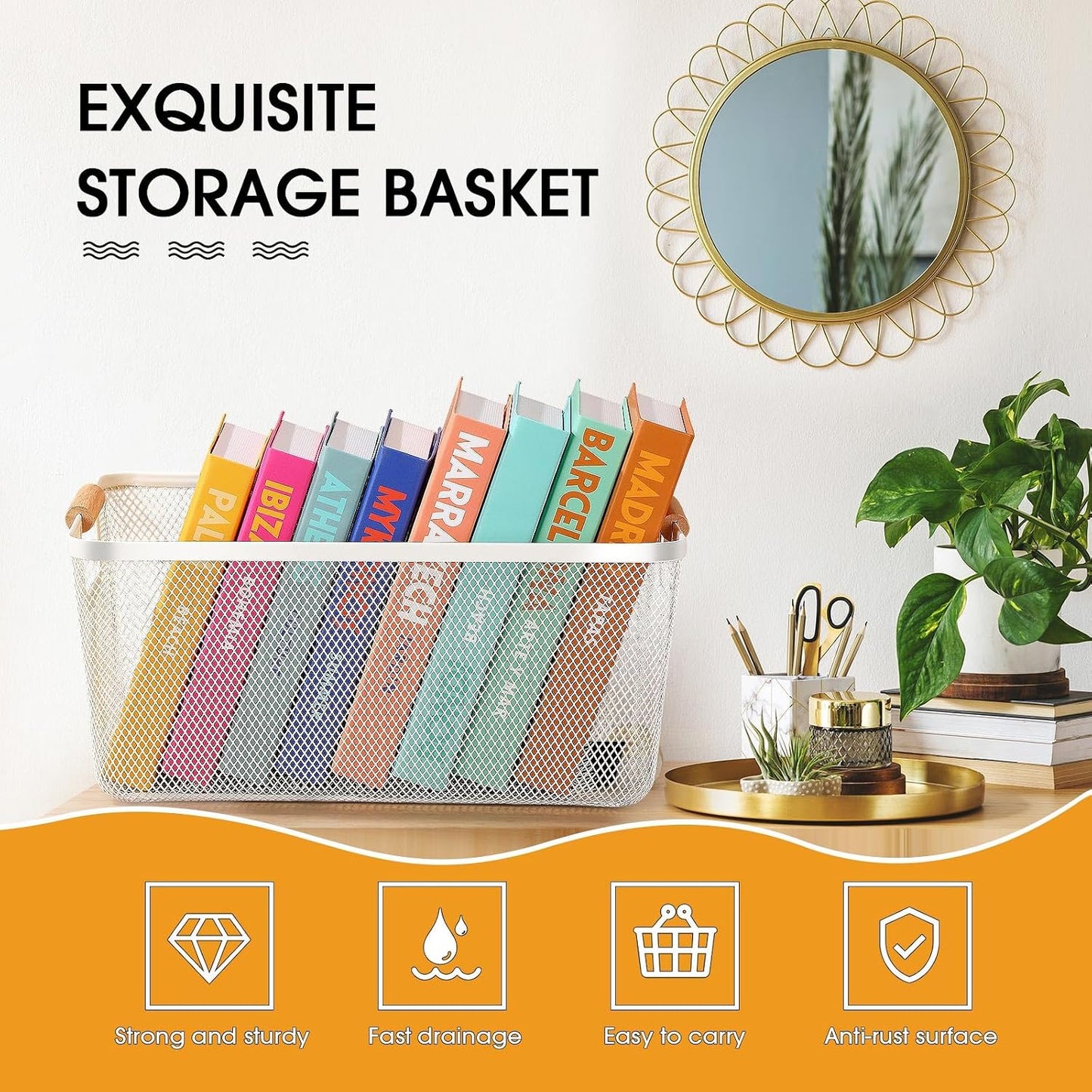 Ziliny 4 Pcs Metal Mesh Wire Baskets with Wooden Handles for Organizing, Pantry Organizers and Storage Steel Bin Kitchen Baskets for Fruit Potato Onion Snacks Bathroom Cabinet(Medium,Cream White)