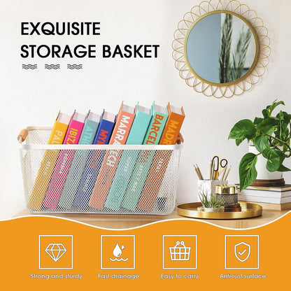 Ziliny 4 Pcs Metal Mesh Wire Baskets with Wooden Handles for Organizing, Pantry Organizers and Storage Steel Bin Kitchen Baskets for Fruit Potato Onion Snacks Bathroom Cabinet(Medium,Cream White)