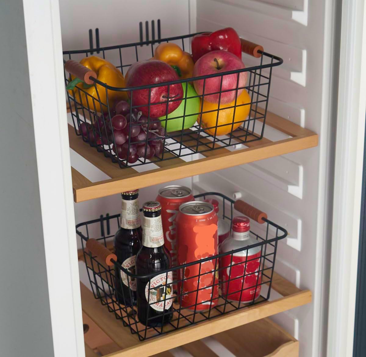 JUNCHU CHERRY Wire Kitchen Storage Basket 4 Packs,Perfect Pantry Organization Accessories Baskets,Laundry Basket,With a Wooden handle,Suitable for Kitchen,Bathroom,Bedroom,Tabletop,Stackable,Black