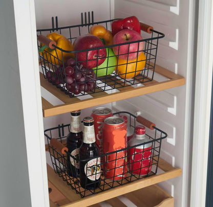 JUNCHU CHERRY Wire Kitchen Storage Basket 4 Packs,Perfect Pantry Organization Accessories Baskets,Laundry Basket,With a Wooden handle,Suitable for Kitchen,Bathroom,Bedroom,Tabletop,Stackable,Black
