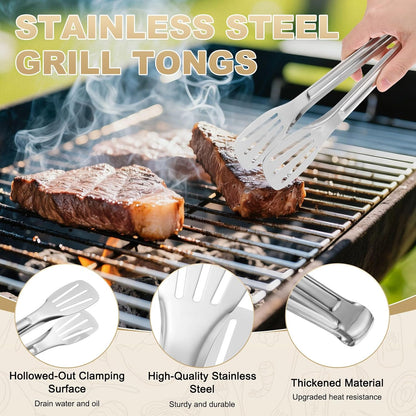 M METERXITY 4-Pack Grill Tongs, 7.3/9.3/11.4/13.4 Inch Non-Slip 304 Stainless Steel Locking Tongs for Cooking/Buffet/Outdoor Barbecue, BBQ Tweezers Metal Clamp Tools [Silver Tone]