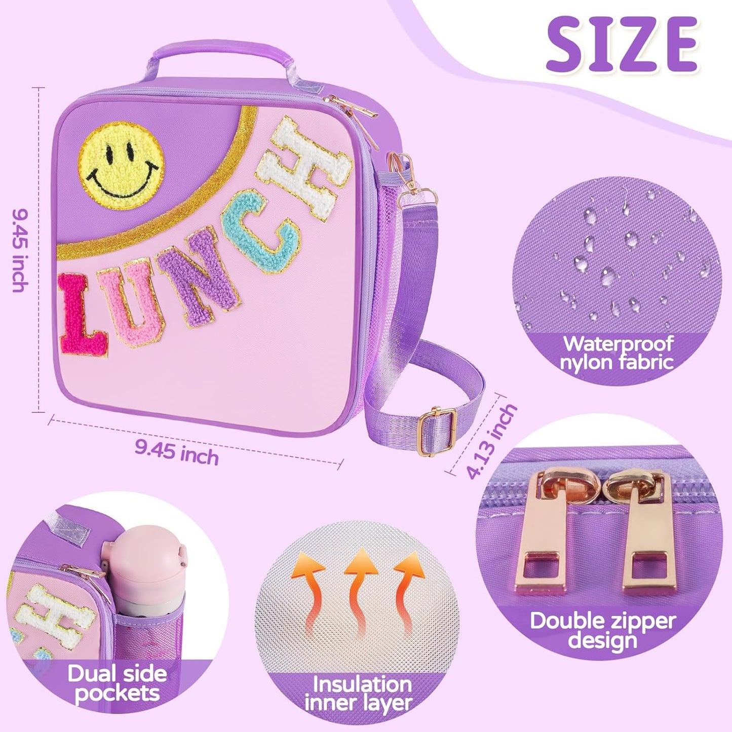 Nsrzua Lunch Bag Kids-Kids Insulated Lunch Bag with Adjustable Strap - Reusable Leakproof Lunch Box for Girls, Preppy School Lunch Tote for Travel, Picnic,School & Winter Camp