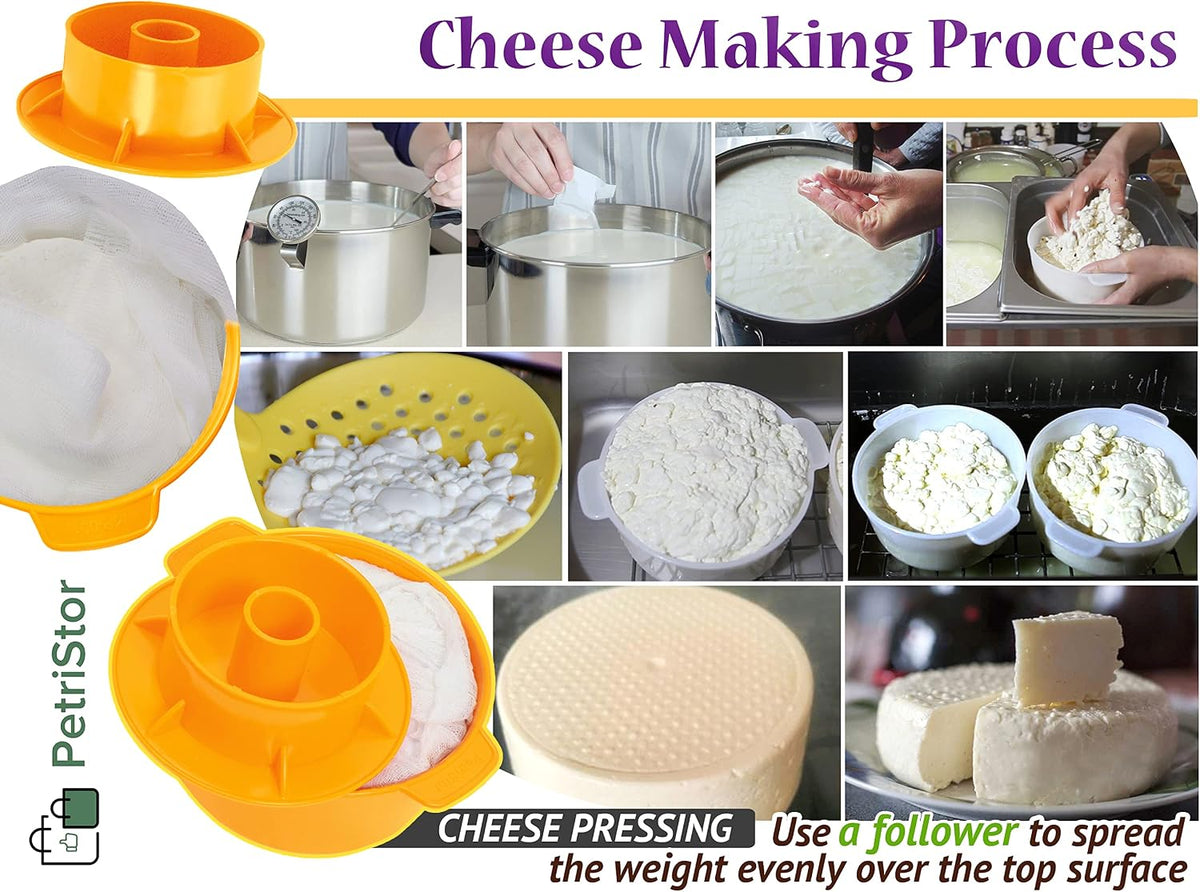 PetriStor 2 pcs Cheesemaking Kit Butter Punched Сheese Mold Press Strainer cheese With Follower Piston 1,2 liters Tofu Press Mold Cheese Making Kit Machine Color yellow