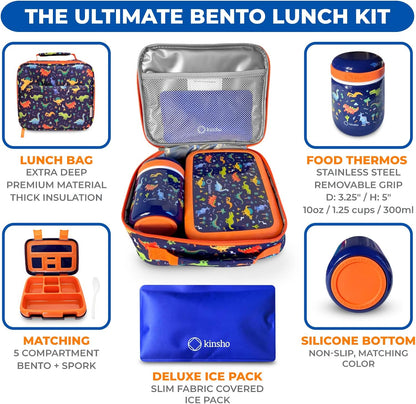 Bento Box with Stainless Steel Thermo, Insulated Lunch Bag, Ice Pack Set for Kids - 5 Compartments, Lunches or Snack Container for Girls, Toddlers Daycare Pre-School, Kindergarten Purple Unicorn