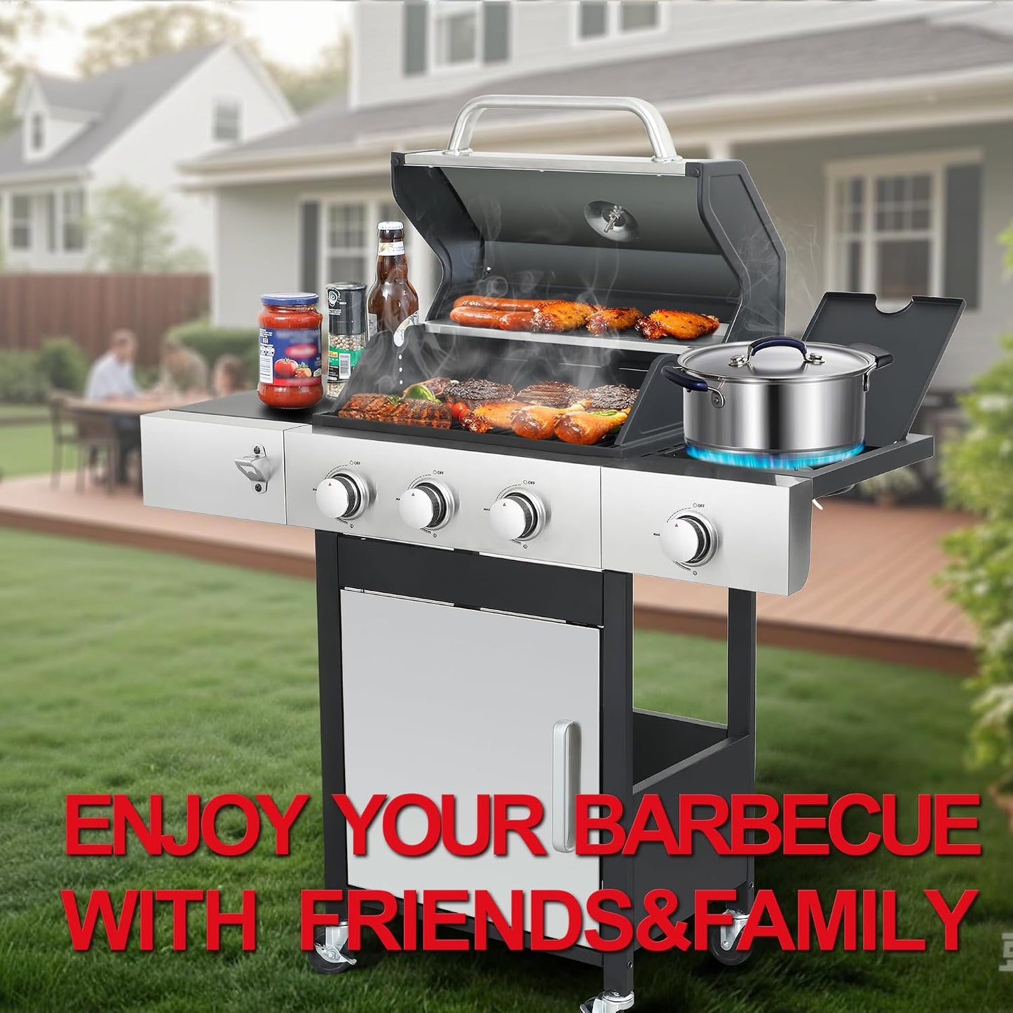 6-Burner BBQ Grill with Side Burner - 69,000 BTU Propane Gas Grill with Cast Iron Grate, Stainless Steel - 620 Sq. In. Cooking Area Cabinet Style Outdoor Grill for Barbecue & Backyard