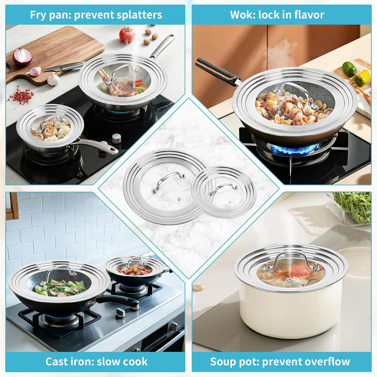 2 Pack Universal Lid for Pot & Pan, Glass Pan Lids Fits 6" -12.5" Cookware