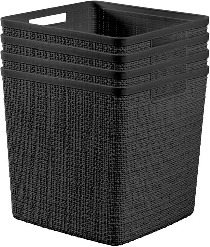 Curver Set of 4 Large 18L Easy Access Jute Decorative Plastic Organization and Storage Baskets - Perfect Bins for Home Office, Closet Shelves, Kitchen Pantry and All Bedroom Essentials, Black