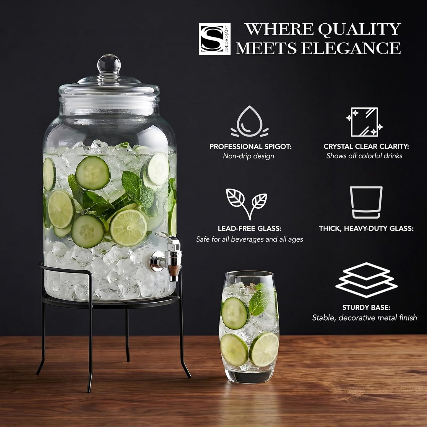 Style Setter Montgomery Beverage Cold Drink Dispenser w 2.7-Gallon Capacity Glass Jug, Leak-Proof Acrylic Spigot in Gorgeous Gift Box for Parties