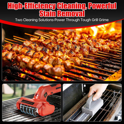 Electric Grill Brush, Electric BBQ Grill Cleaner Cordless Rechargeable 700 RPM Grill Cleaning Brush for Outdoor Barbecue Grill with LED Light, Stainless Steel Brush, Cleaning Stone, Safety Lock