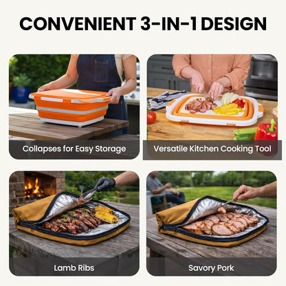BBQ Prep Tub with BBQ Blanket, 16L Multifunctional Camping Cutting Board with Locking Lid, Reusable Meat Resting Bag for Smoking, Collapsible Dish Basin for Marinating Food (Large 16L)