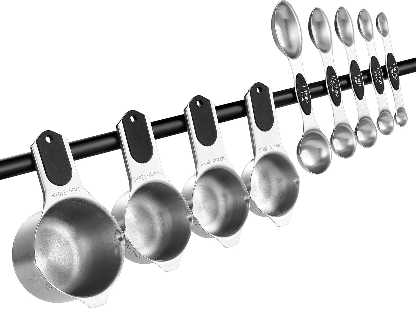 Spring Chef Magnetic Measuring Cups & Spoons Set, Patented, Strong N45 Magnets, Heavy Duty Stainless Steel Fits in Spice Jars for Baking & Cooking, BPA Free, Round Set of 15 with Leveler, Black