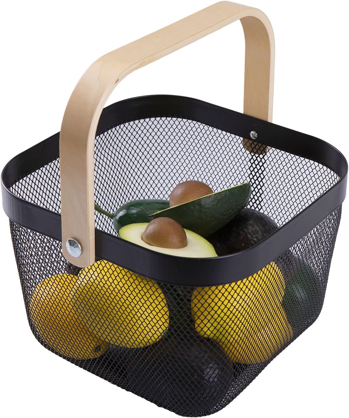 IBWell Square Metal Wire Woven Fruit Storage Bowl Basket with Wooden Handle, Large Black Mesh Fruit Stand, Multi-function Hanging Kitchen Baskets (White, Normal)