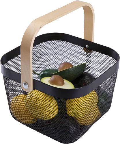 IBWell Square Metal Wire Woven Fruit Storage Bowl Basket with Wooden Handle, Large Black Mesh Fruit Stand, Multi-function Hanging Kitchen Baskets (White, Normal)