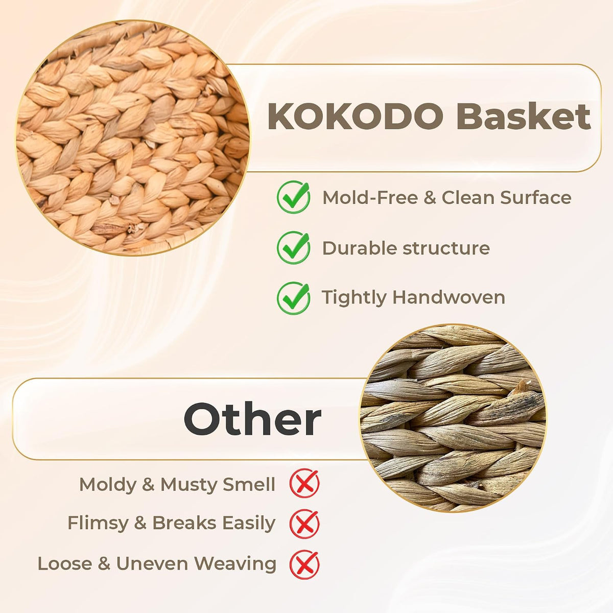 KOKODO 2-Pack Open Front Pantry Baskets, Handwoven Water Hyacinth Wicker Storage Baskets with Built-in Handles, Organizing Bins for Shelves