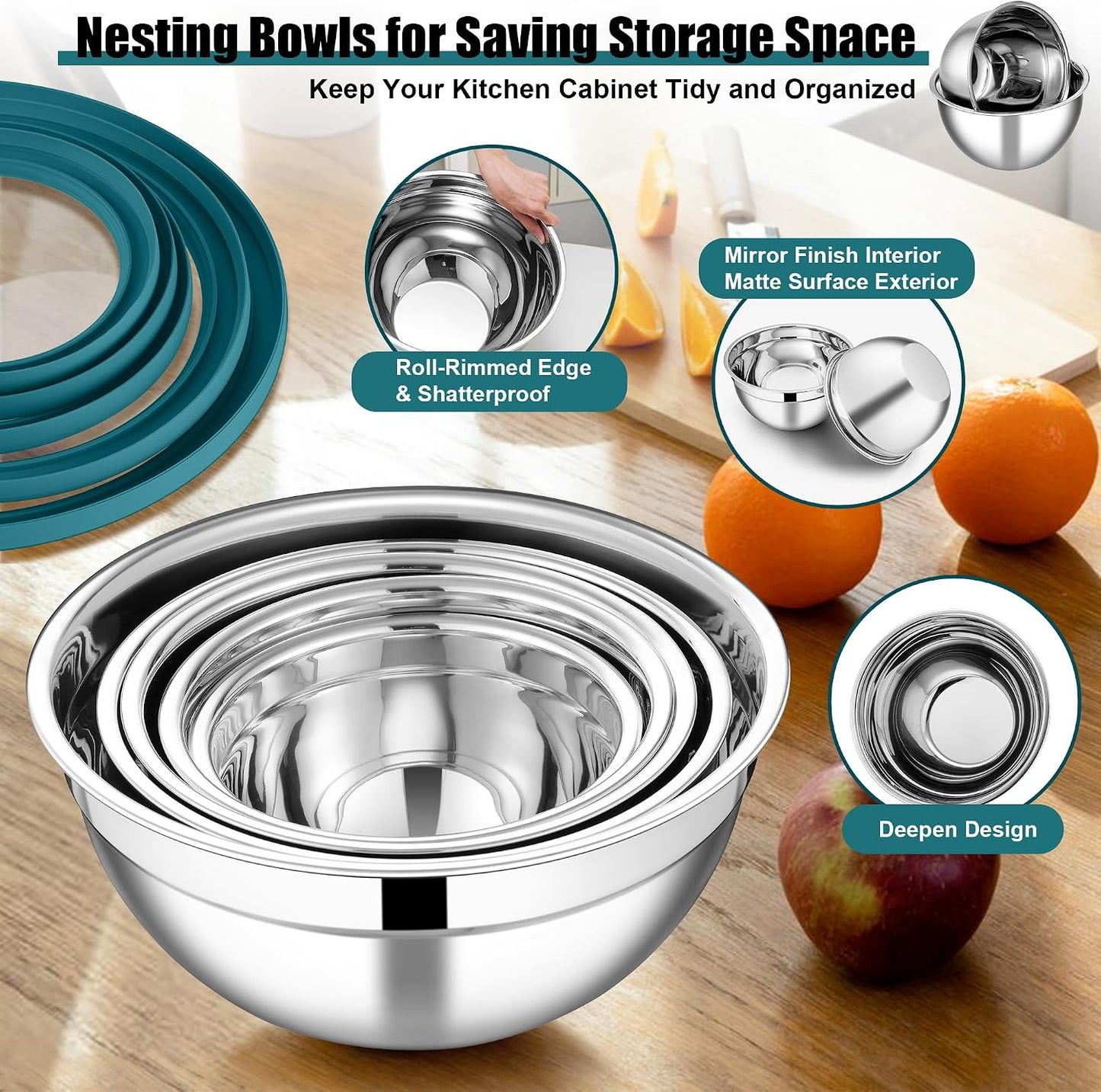 E-far Mixing Bowls Set of 5, Stainless Steel Salad Mixing Bowl with Transparent Lid, Metal Nesting Bowl Attach with 3 Graters for Kitchen Prepping/Serving/Baking/Storage, 4.6/2.6/1.5/1/0.7 QT - Black