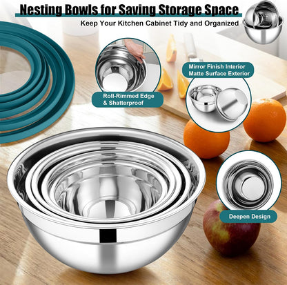 E-far Mixing Bowls Set of 5, Stainless Steel Salad Mixing Bowl with Transparent Lid, Metal Nesting Bowl Attach with 3 Graters for Kitchen Prepping/Serving/Baking/Storage, 4.6/2.6/1.5/1/0.7 QT - Black