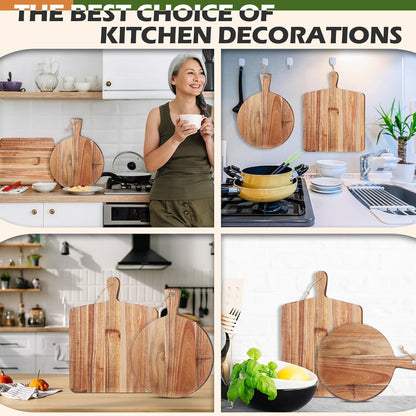 Hsei 2 Pcs Acacia Wood Cutting Board with Handle Wooden Charcuterie Board Large Paddle Carving Chopping Set Butter Serving Tray for Cheese Meat Fruit Pizza Bread(Vintage Style, 16x12, 17x13 Inch)