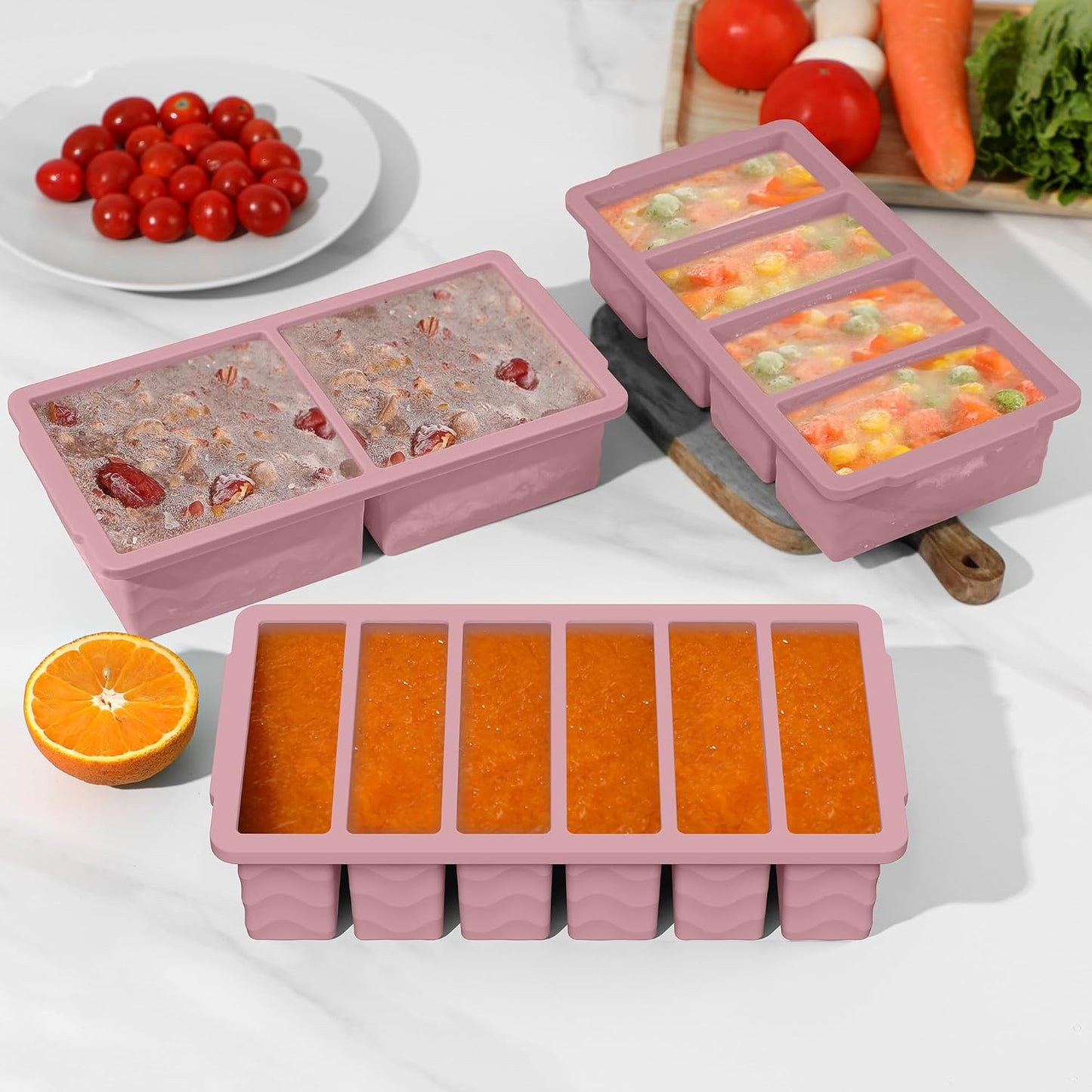 3-Pack Silicone Freezer Trays with Lid,2 Large 2-Cup(500ml)&4 Medium 1-Cup(250ml)&6 Small 1/2-Cup(125ml) Soup Freezer Container Molds,Ice Cube Tray For Meal Prep&Freezing Soup,Stews,Sauces