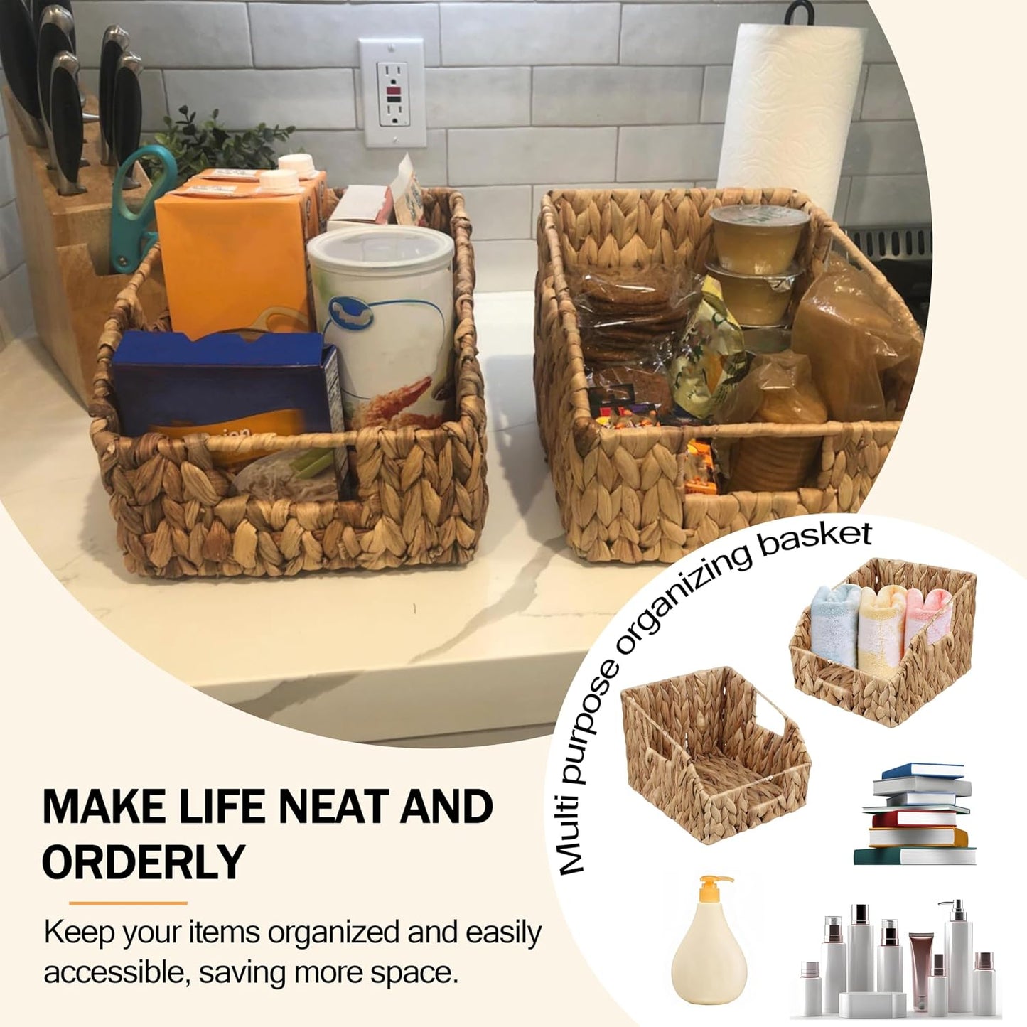 Pantry Baskets for Organizing, Wicker Basket with Built-in Handles, Handwoven Wicker Storage Baskets, Natural Water Hyacinth Storage Baskets,for Bedroom Shelves Bathroom Laundry Room or Kitchen(1PACK)