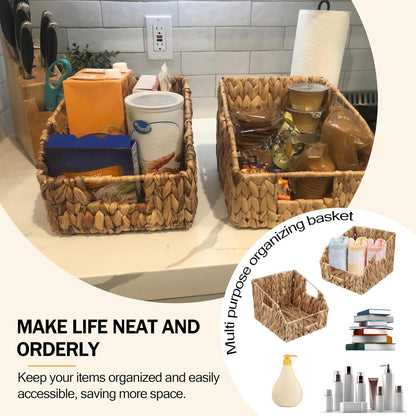 Pantry Baskets for Organizing, Wicker Basket with Built-in Handles, Handwoven Wicker Storage Baskets, Natural Water Hyacinth Storage Baskets,for Bedroom Shelves Bathroom Laundry Room or Kitchen(1PACK)