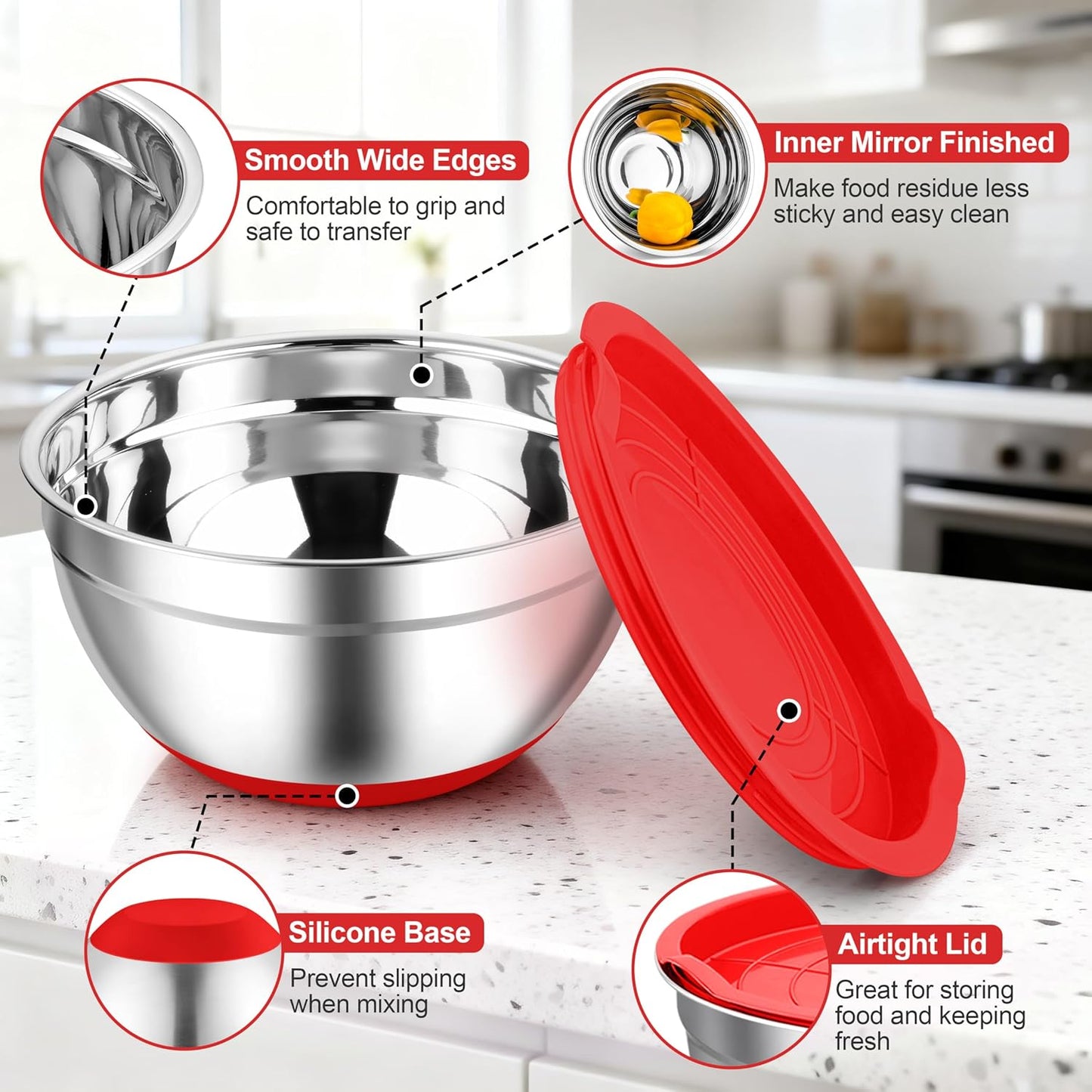 TeamFar Mixing Bowls, Stainless Steel Mixing Bowls with Lids, Nesting Salad Bowls with Air-tight Lids & Non-slip Bottom, Dishwasher Safe & Stackable, Set of 6-4.6/2.6/2 / 1.5/1 / 0.7 Qt