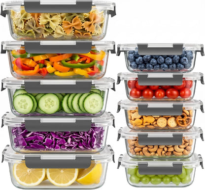 Dealusy 10 Sets (20-Piece) 36 oz & 12 oz Glass Food Storage Containers with lids, Airtight Leak-proof Glass Meal Prep Containers with Lids, Microwave Oven Freezer Dishwasher Safe, Gray