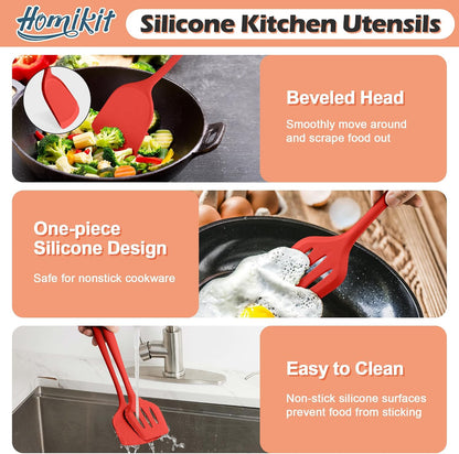 Homikit Silicone Cooking Utensil Set, 15pcs Kitchen Utensils with Holder for Nonstick Cookware, Heat Resistant Nontoxic Silicone Spatula Set Dishwasher Safe Kitchen Tools for Baking-Black