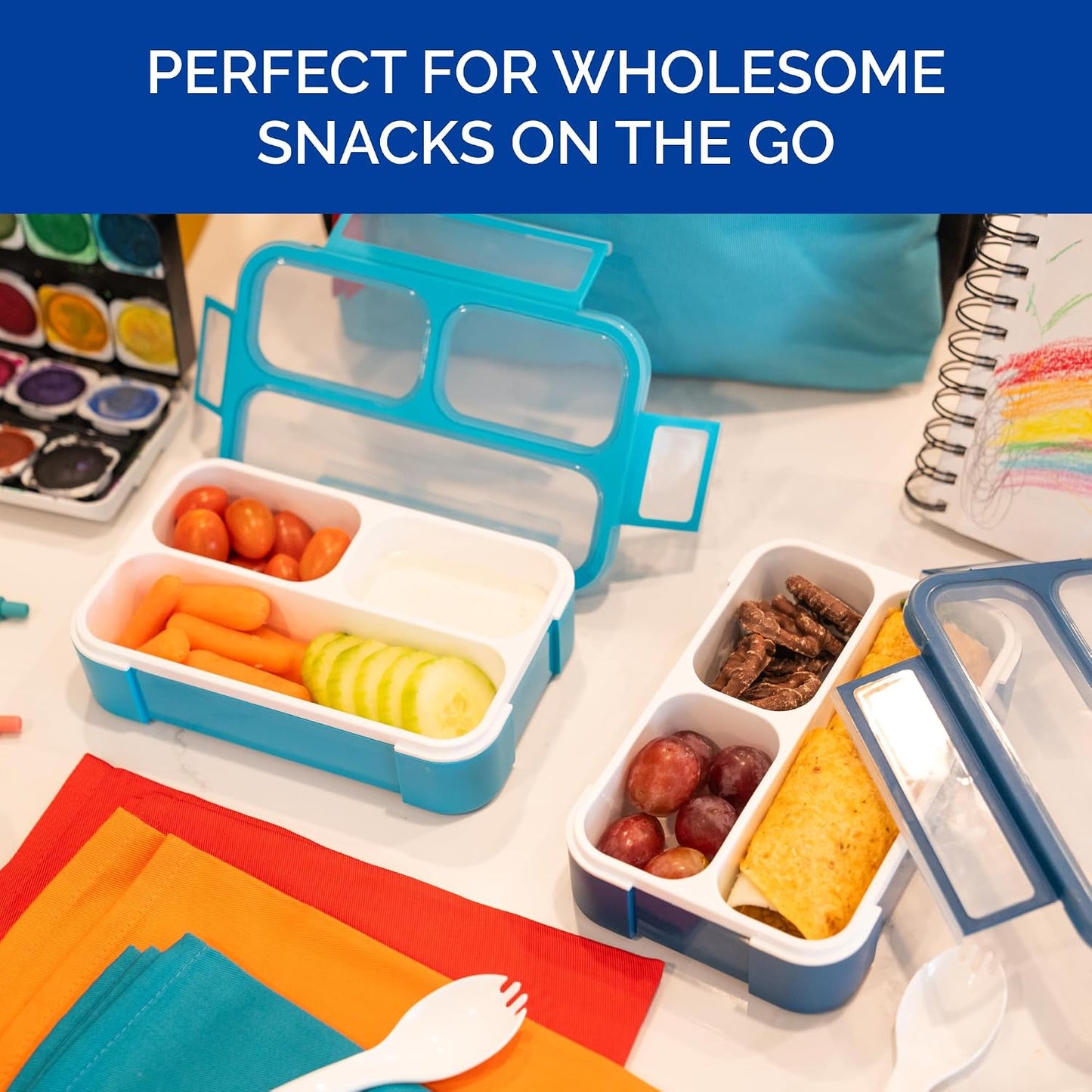 Small Snack Containers for Kids Toddlers - 3 Compartments (Set of 2) - Leak-Proof Reusable Boxes with Lids - BPA-Free Plastic Mini Bento Lunch Box - Holds 2 Cups Capacity (Pastel Blue+Teal Sparkle)