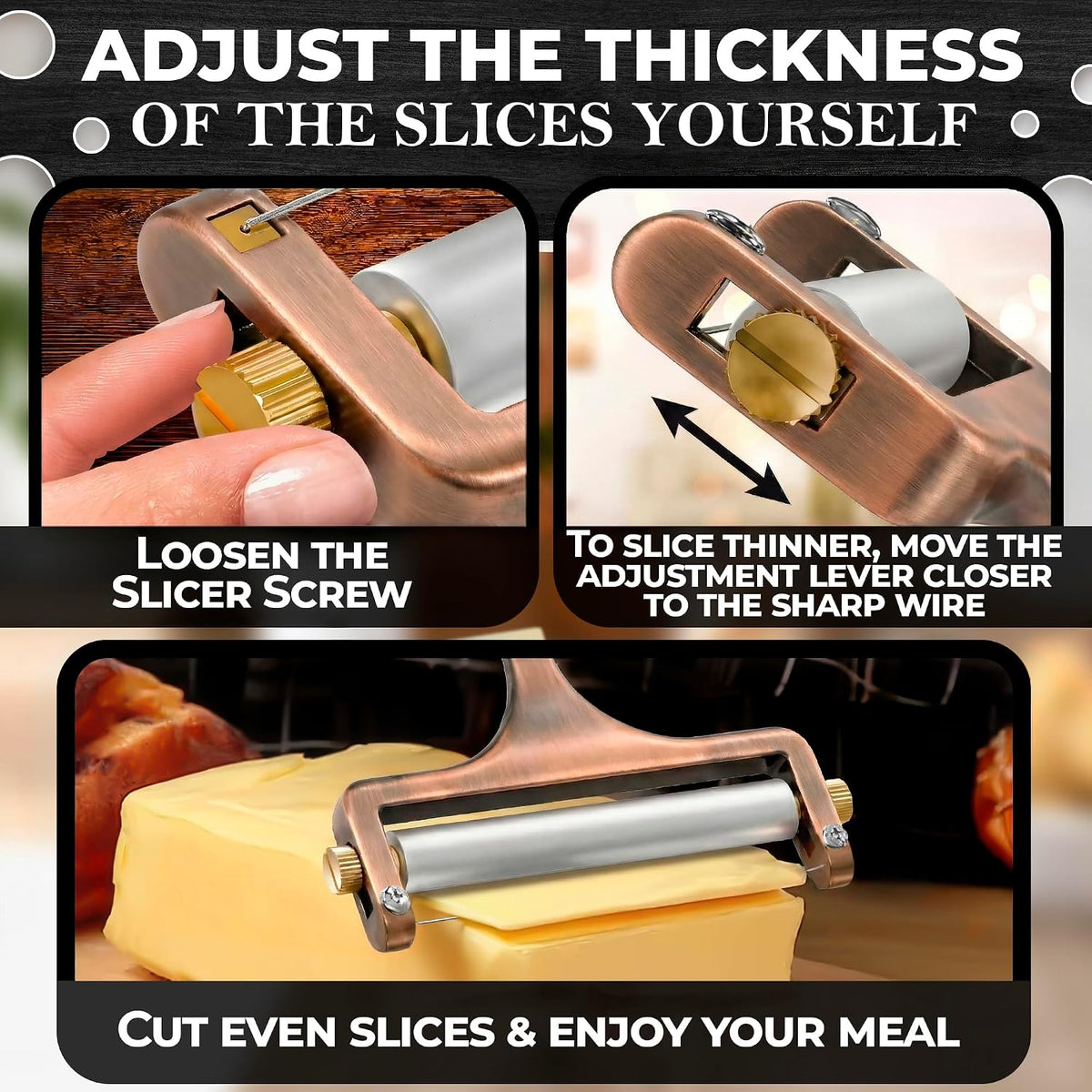 Handheld Wire Cheese Slicer with 2 Extra Wires, Thickness Adjuster