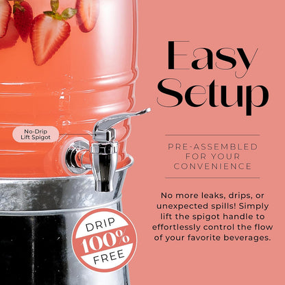 Style Setter Oak Grove Glass Beverage Dispenser with Stand - 2.5 Gallon Drink Dispenser with Galvanized Base & Leak-Proof Acrylic Spigot - Birthday, Wedding, Party Drink Dispenser with Stand