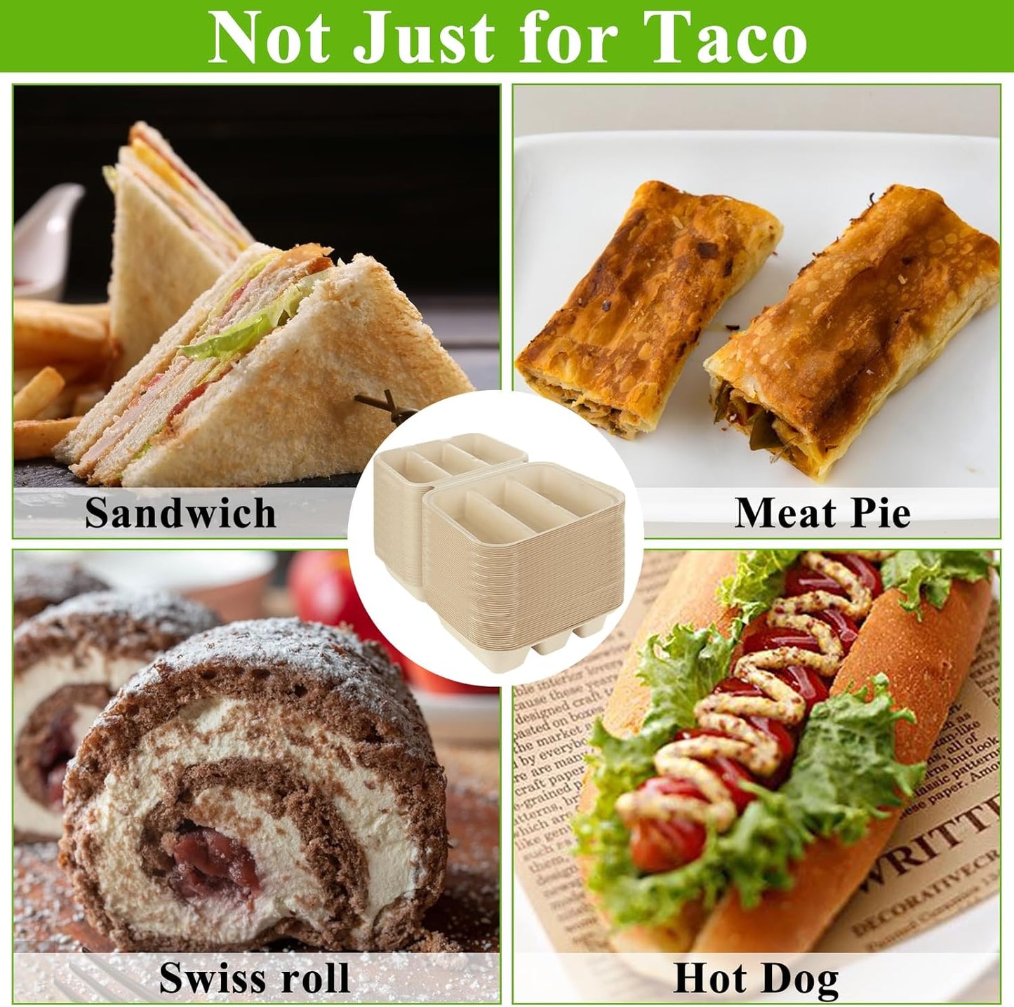 50 PCS Disposable Taco Holders with Lids Taco Plates with 3 Dividers Taco Trays Disposable To Go Taco Holders for Party Pulp Fiber To Go Taco Containers for 3 Taco Bar Serving Set for a Party
