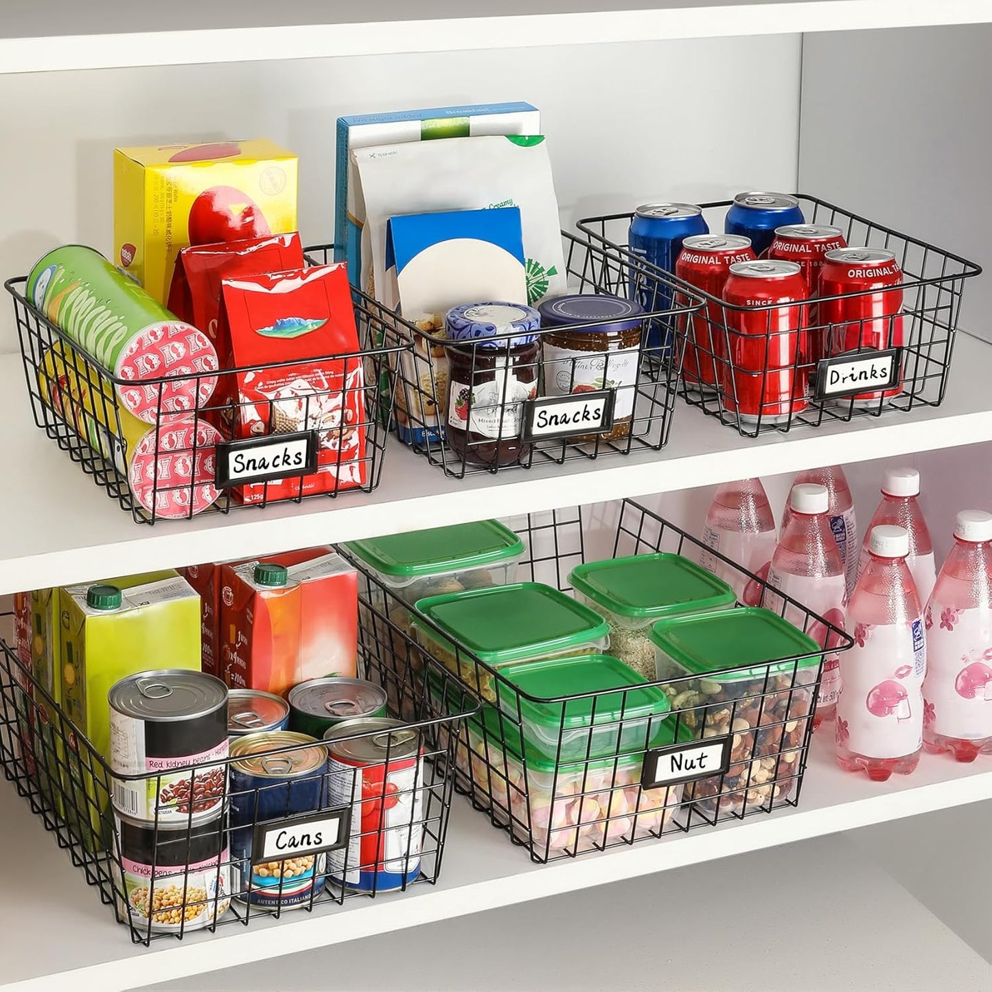 8 Set, Extra Large Wire Baskets for Organizing with Lables, Cabinet Pantry Organization and Storage Bins - Metal Basket for Kitchen, Laundry, Garage, Fridge, Bathroom Countertop Organizer, Black