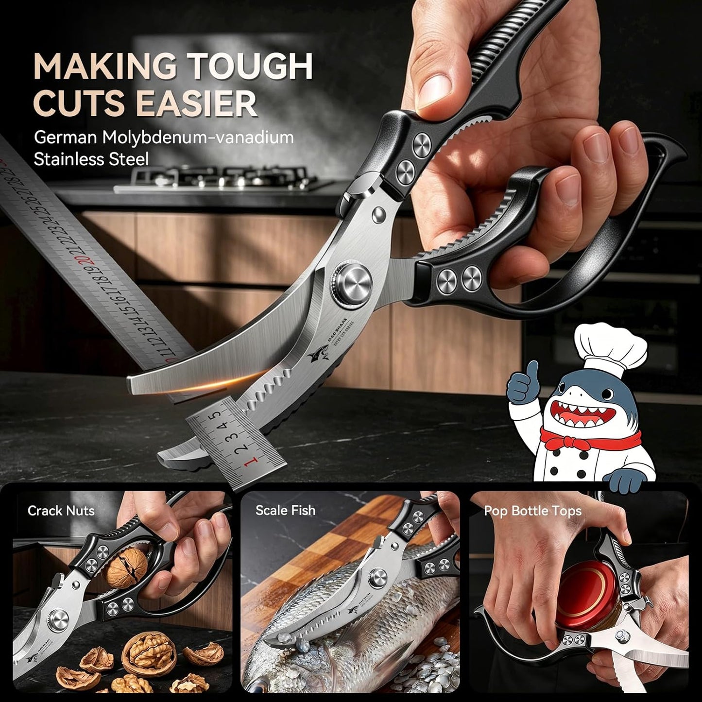 MAD SHARK Heavy Duty Poultry Shears, Kitchen Shears with Non-Slip Handle & Safety Lock, All Purpose Kitchen Scissors for Chicken, Meat Cutting, Turkey, Fish, Vegetables, Spring Loaded, Dishwasher Safe